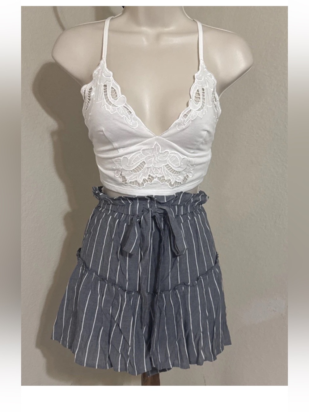 Blue Striped Paperback Mini Skirt Women High Waist Bow Tie Front Trendy Size M